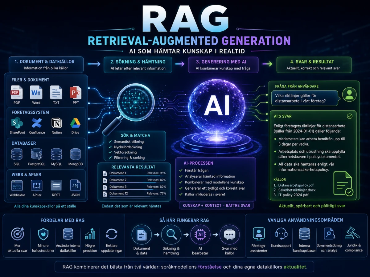 Infografik som förklarar RAG, Retrieval-Augmented Generation, där AI hämtar information från dokument och databaser för att ge aktuella och korrekta svar.