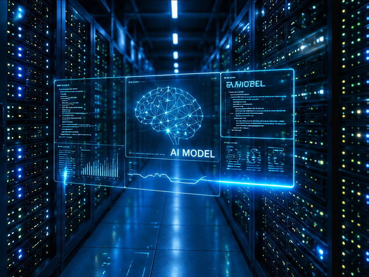 AI-modell i modern serverhall som illustrerar datacenter, artificiell intelligens och högpresterande datorkraft.