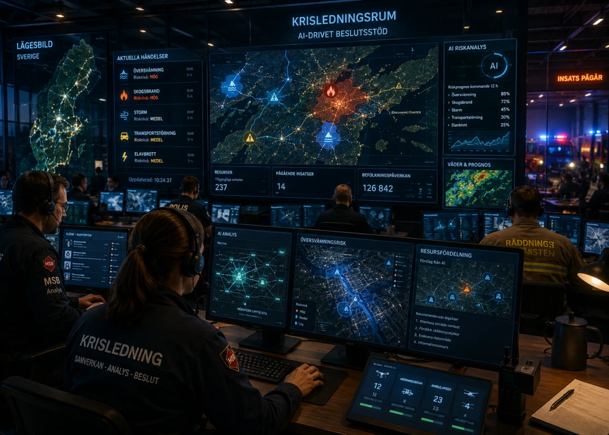 Modernt krisledningscenter där AI analyserar kartor, riskdata och samhällsinformation för att stödja krisberedskap och räddningsinsatser.