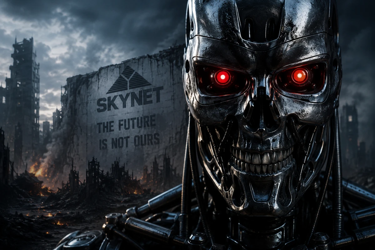 Illustration av Skynet, den fiktiva AI:n från Terminator, framför en dystopisk stad som symboliserar debatten om artificiell intelligens.
