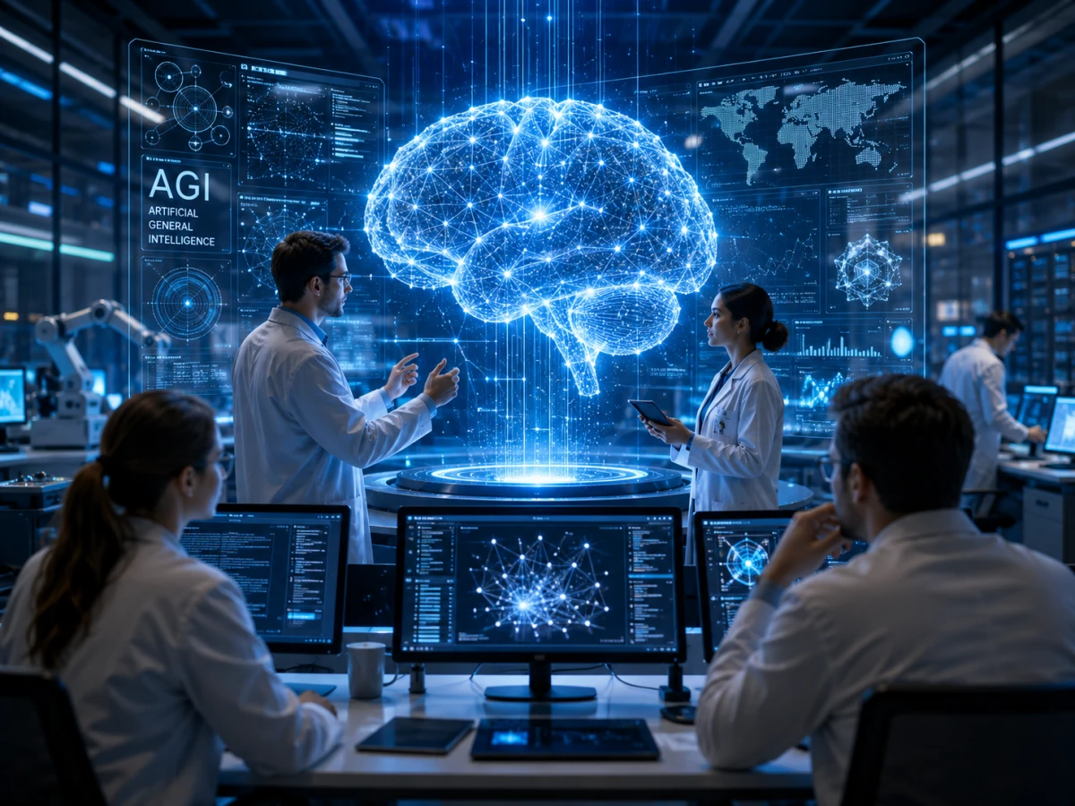 Forskare arbetar i ett futuristiskt AI-laboratorium med en holografisk hjärna som symboliserar artificiell generell intelligens (AGI).