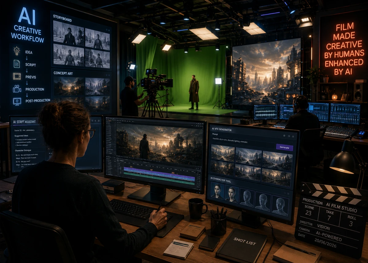 Futuristisk filmstudio där AI används för specialeffekter, digitala karaktärer och modern filmproduktion.