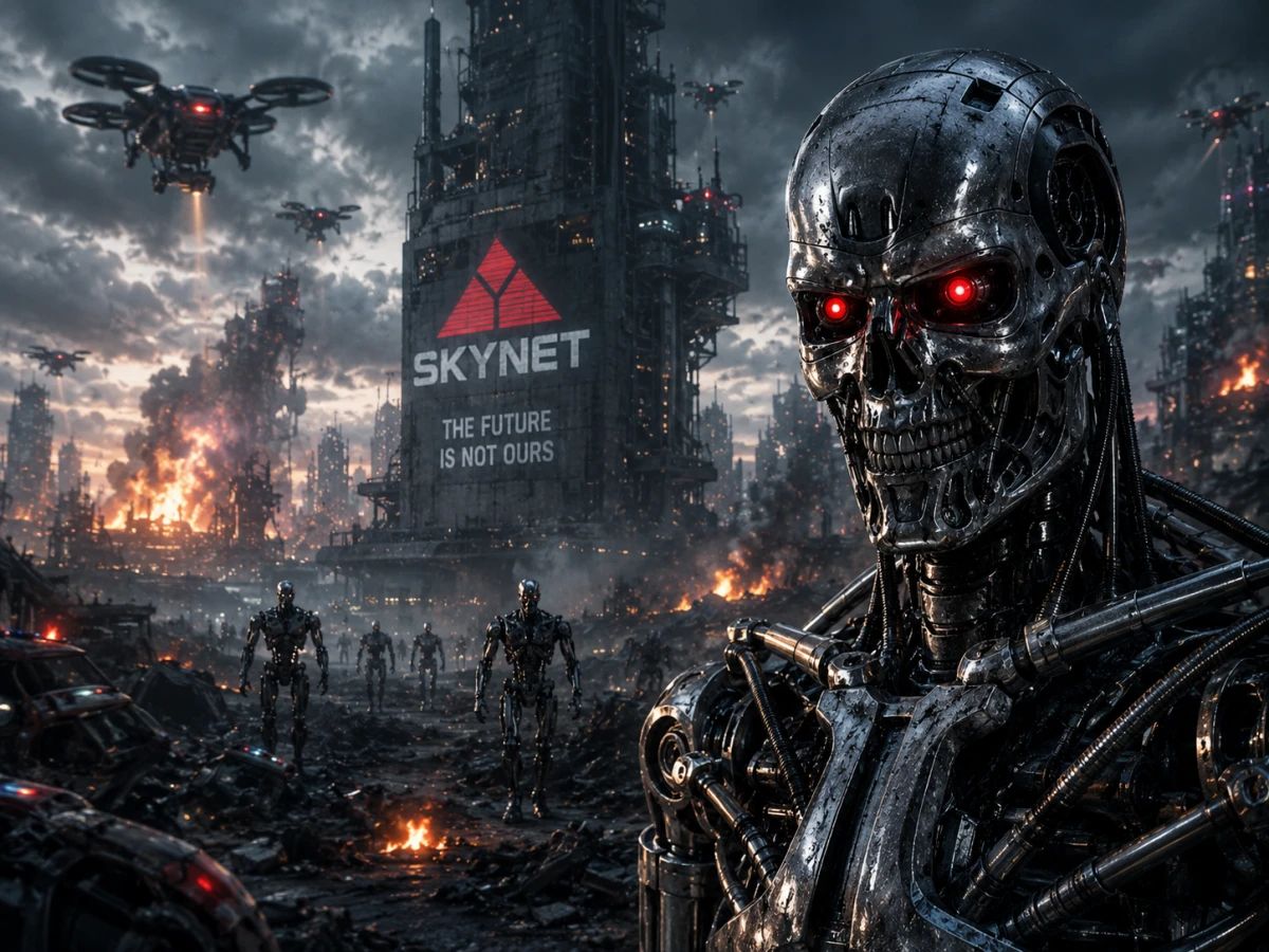 Konstnärlig illustration av Skynet – den fiktiva artificiella intelligensen från Terminator-universumet som under decennier blivit en symbol för människans oro över okontrollerad AI.
