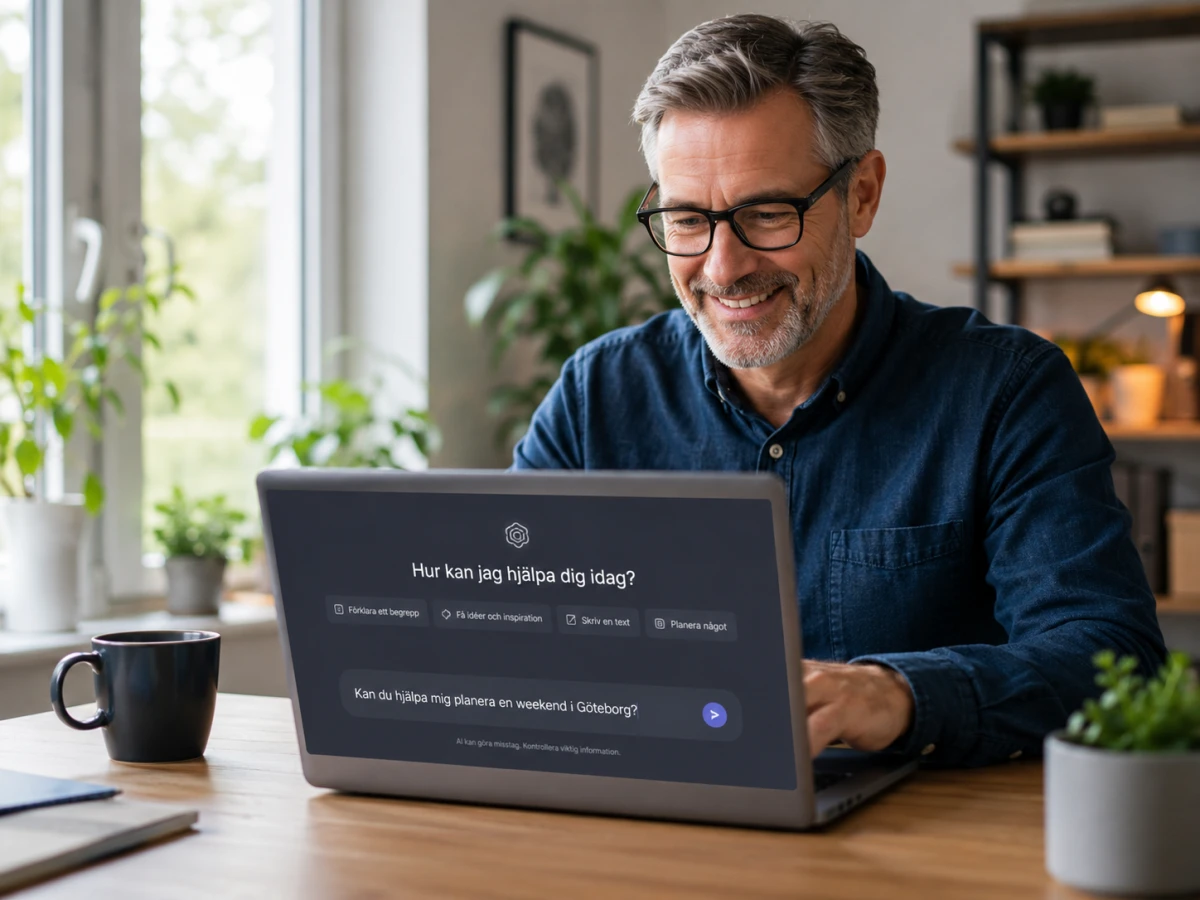 Person använder AI för första gången på en laptop hemma.