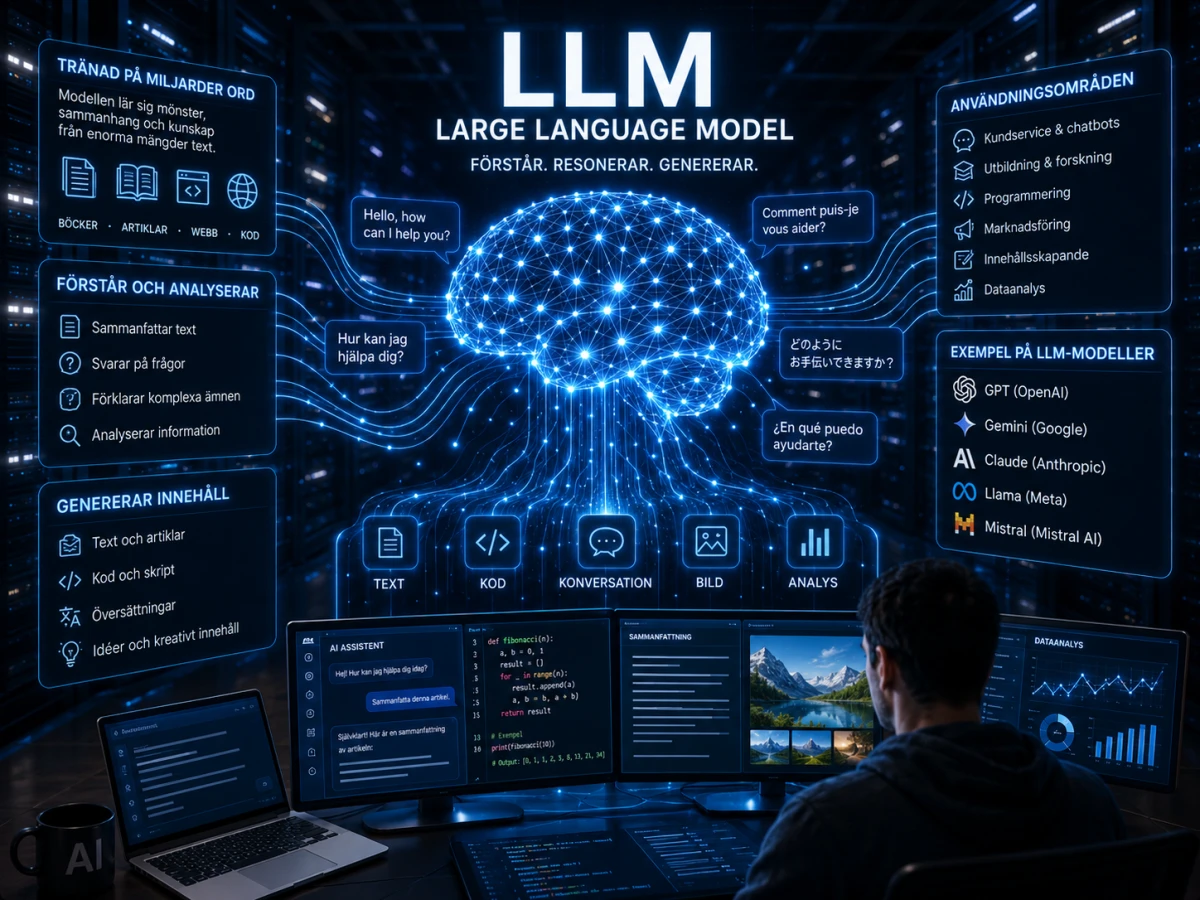 Illustration av en LLM (Large Language Model) som visar hur språkmodeller analyserar, förstår och genererar text, kod, bilder och data.