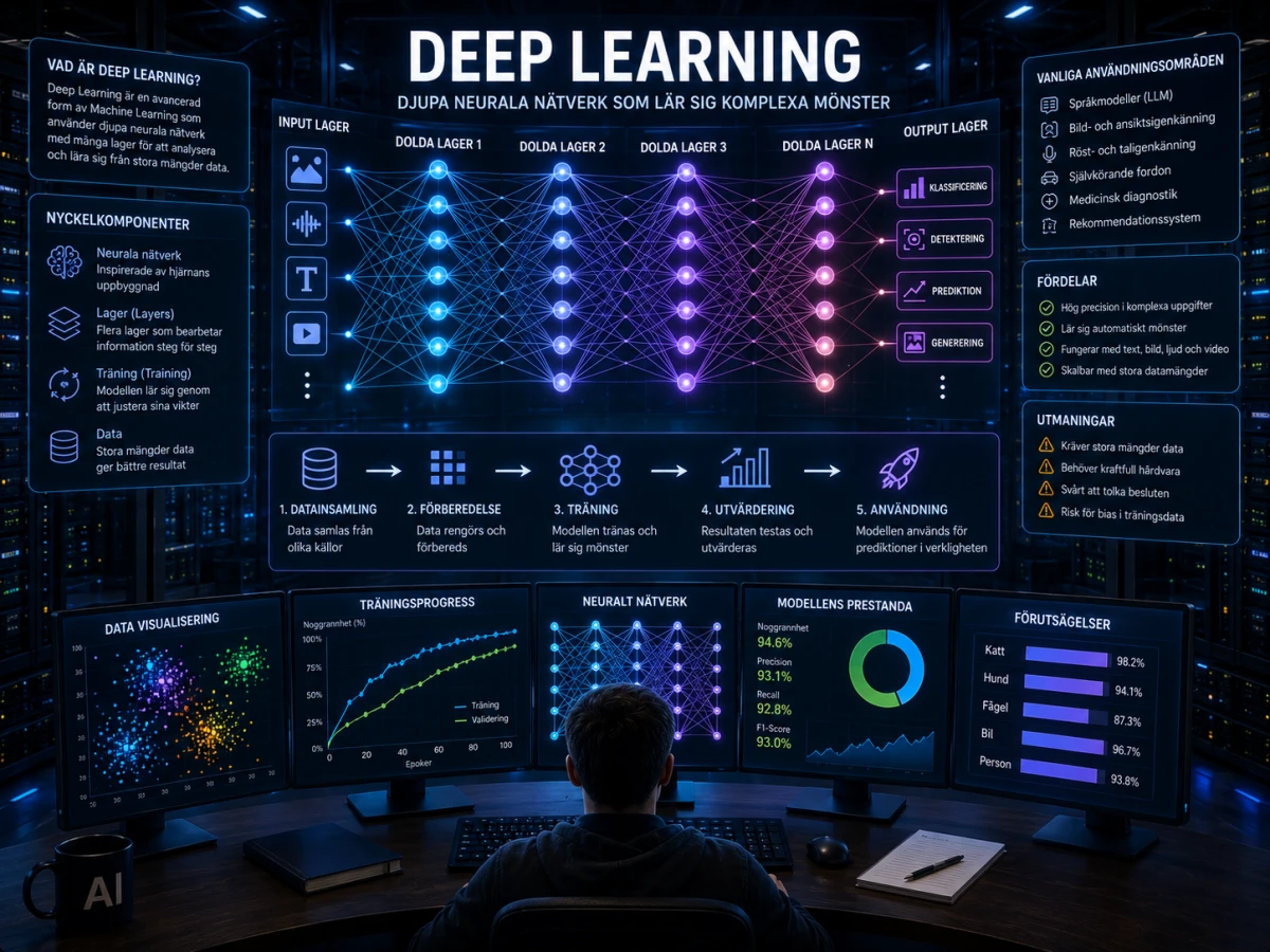Illustration av deep learning som visar hur djupa neurala nätverk analyserar data genom flera lager för att identifiera mönster och göra prediktioner.