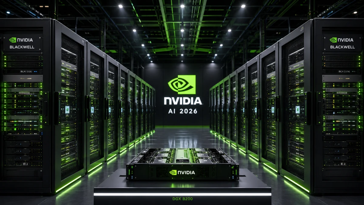 Futuristiskt Nvidia-datacenter med AI-servrar och avancerad AI-infrastruktur.