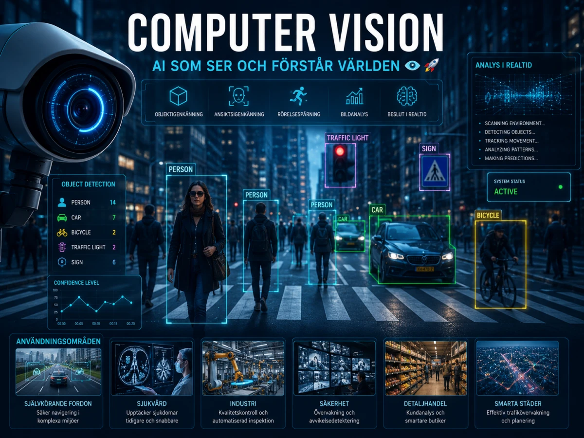 Infografik om computer vision som visar hur AI analyserar bilder och video i realtid för att identifiera personer, fordon, trafikskyltar och objekt.