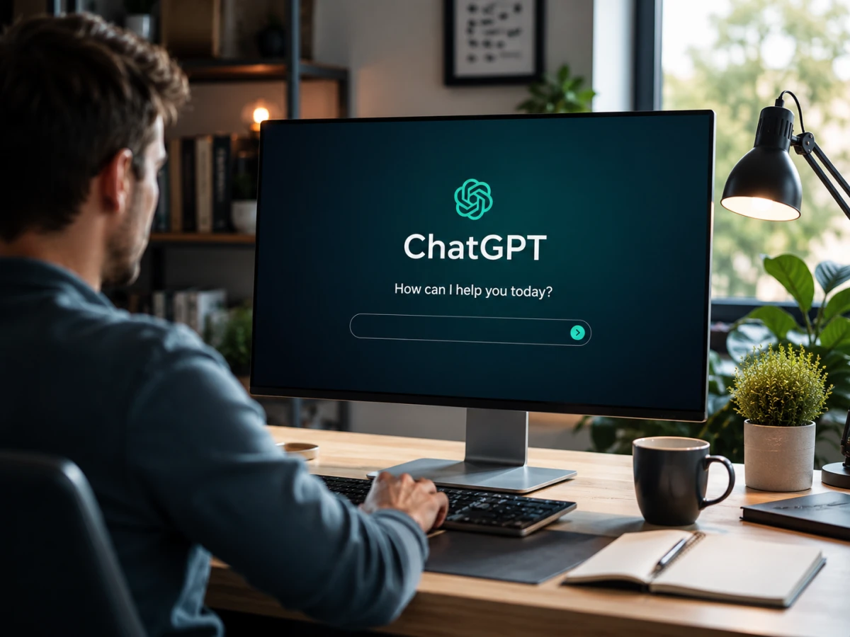 Person använder ChatGPT på en dator i ett modernt hemmakontor för arbete och AI-assistans.
