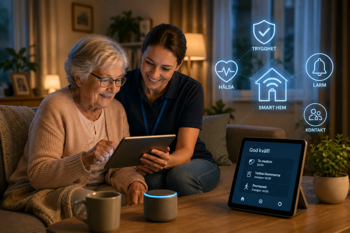 Äldre kvinna använder smart hem-teknik tillsammans med vårdpersonal i hemmet för ökad trygghet, hälsa och självständighet.