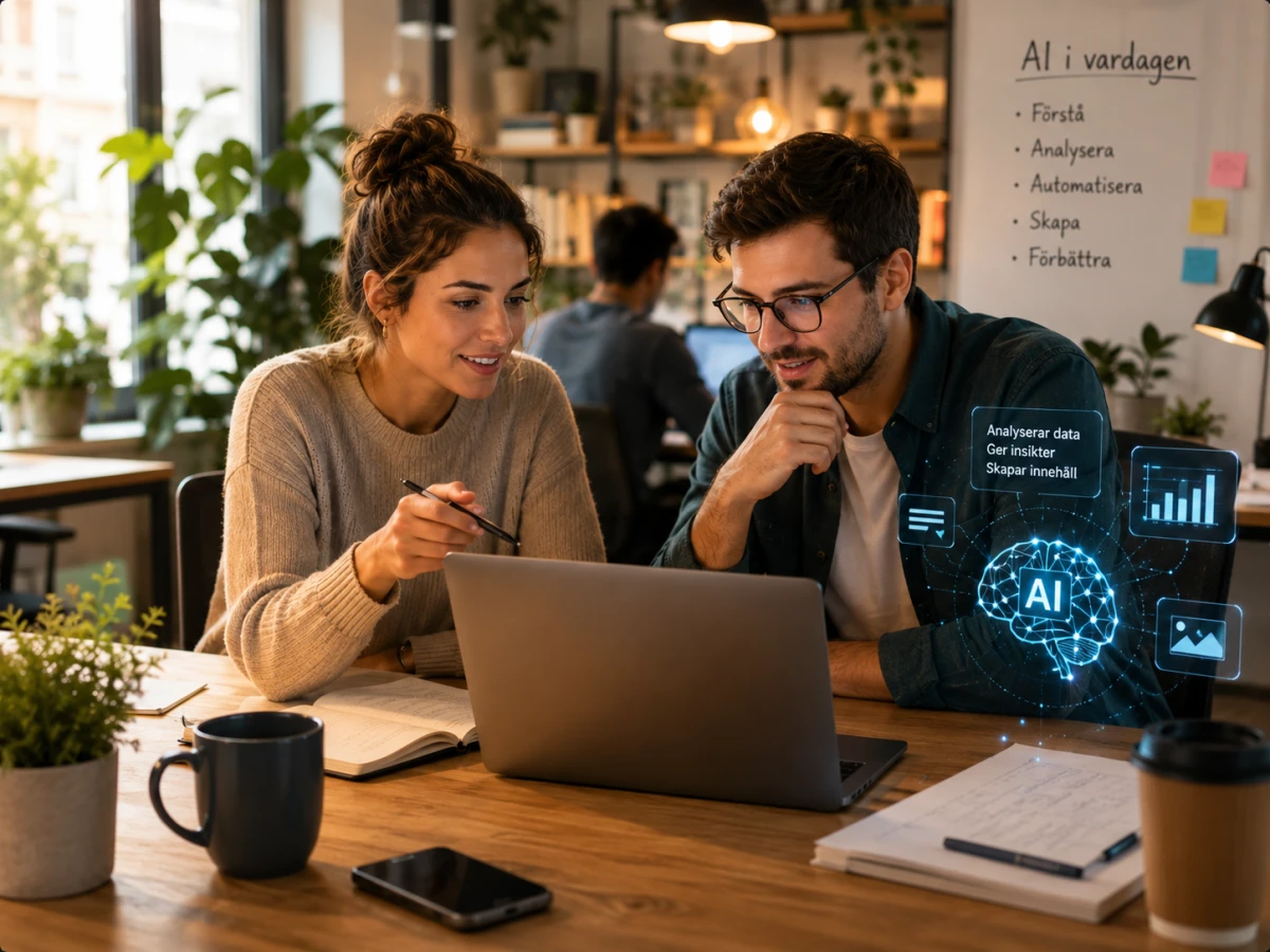 Två kollegor samarbetar kring AI och artificiell intelligens i en modern kontorsmiljö.