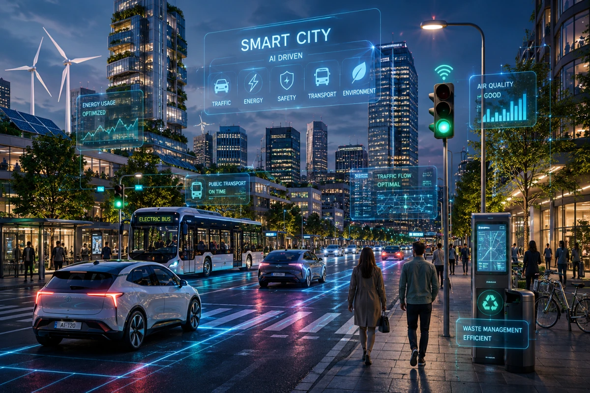 AI-driven smart stad med elbussar, smart trafikstyrning, förnybar energi och uppkopplad infrastruktur för hållbar stadsutveckling.