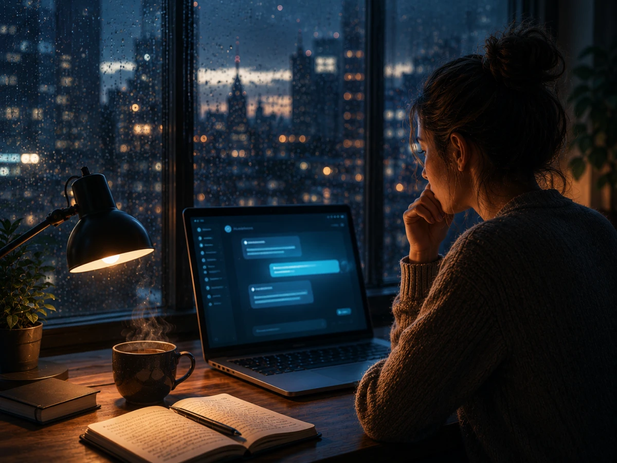 Person sitter vid en dator och samtalar med en AI-assistent en regnig kväll, symbol för hur artificiell intelligens blir en del av människors vardag.