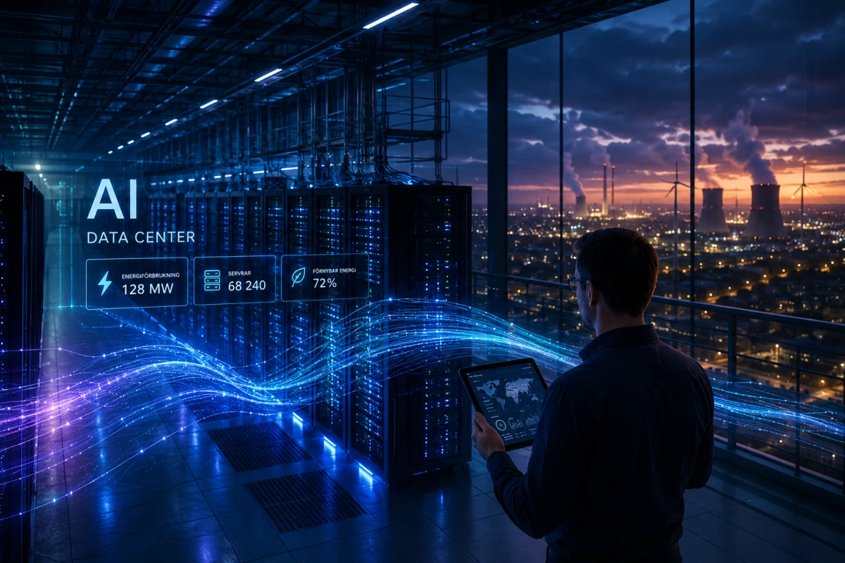 AI-datacenter med serverhall där energiförbrukning, servrar och förnybar energi övervakas för att optimera drift och hållbarhet.