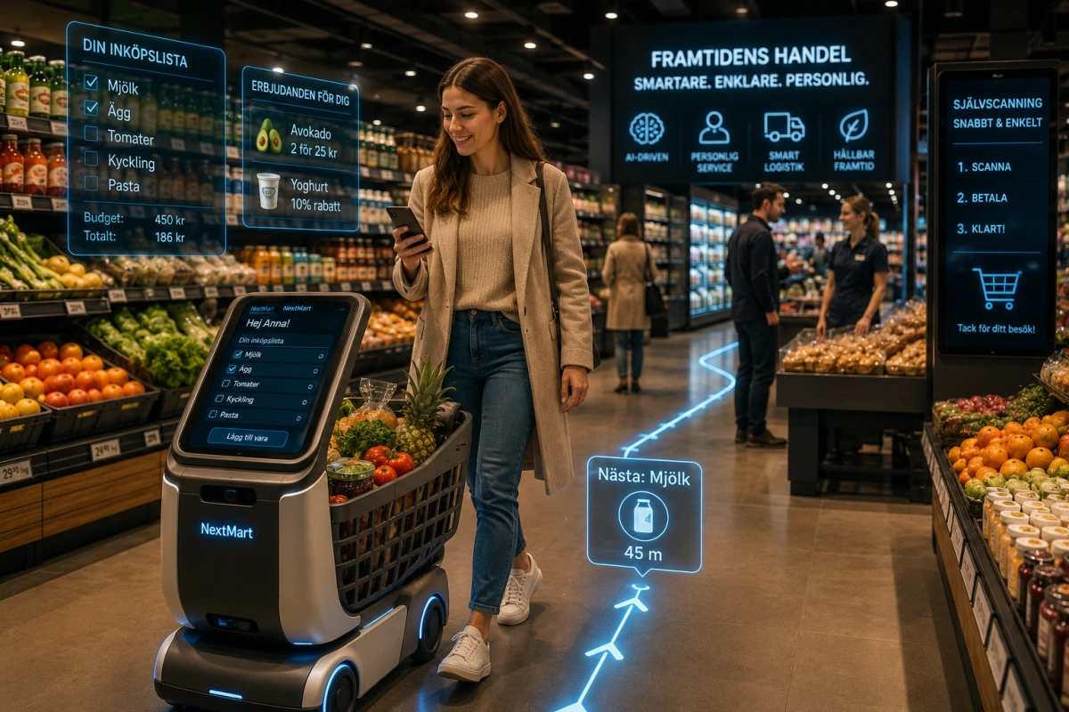 Illustration av framtidens livsmedelsbutik där AI, smarta kundvagnar och digitala inköpslistor hjälper kunden att handla snabbare och mer personligt.