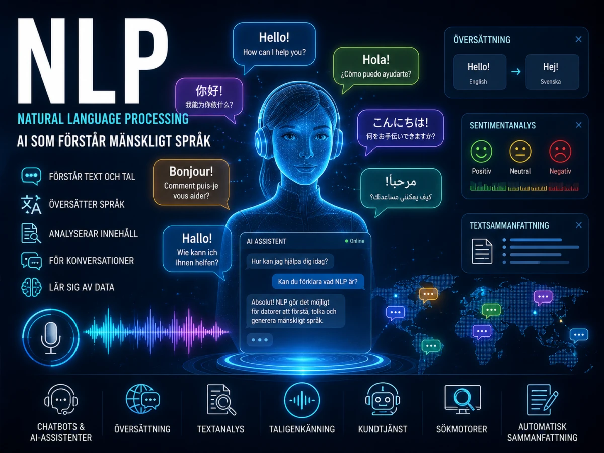 Infografik om NLP (Natural Language Processing) som visar hur AI förstår, översätter och analyserar mänskligt språk genom text, tal och konversationer på flera språk.