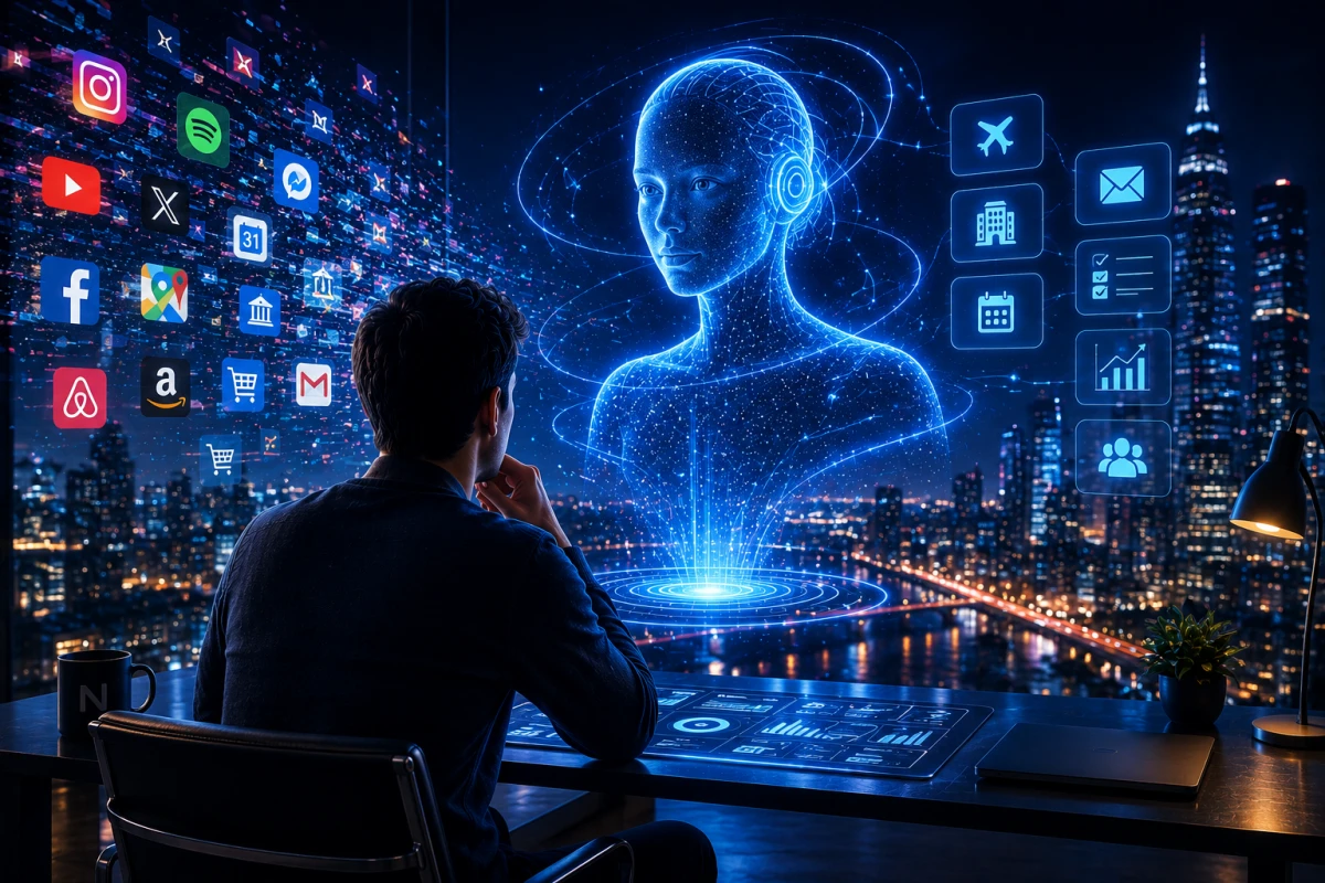 Person som interagerar med en AI-agent framför digitala appar och framtidens internet.