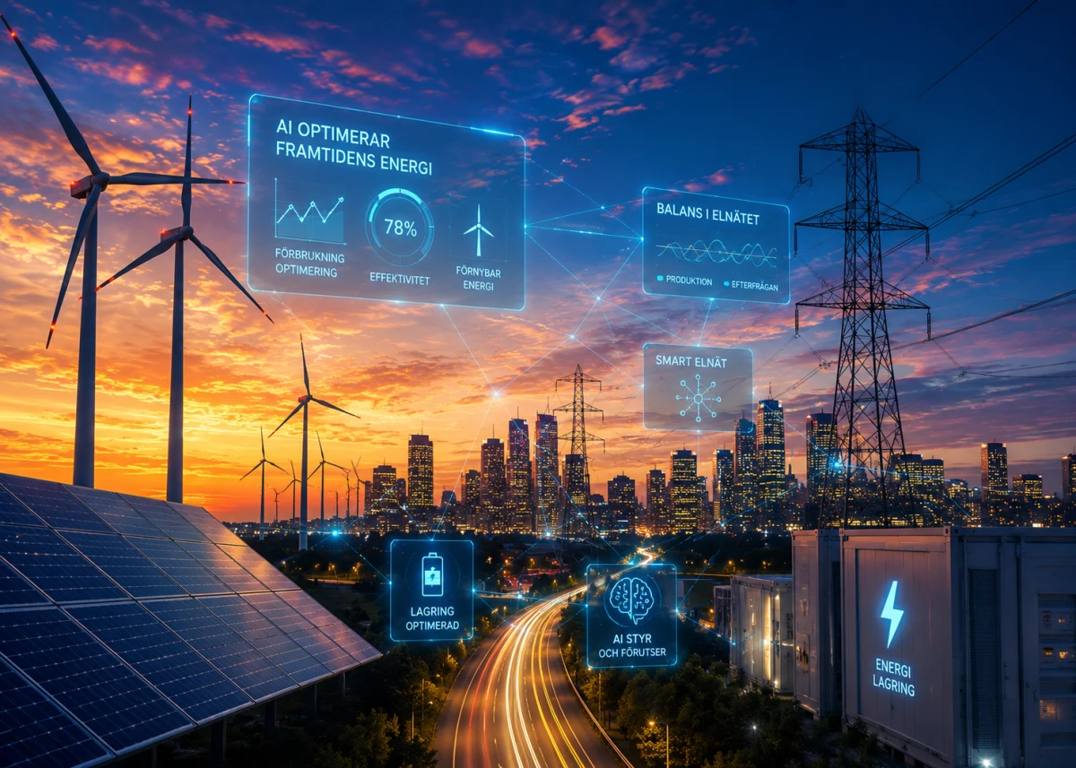 Illustration av hur AI optimerar framtidens energisystem genom smarta elnät, förnybar energi, energilagring och elnätsbalansering.