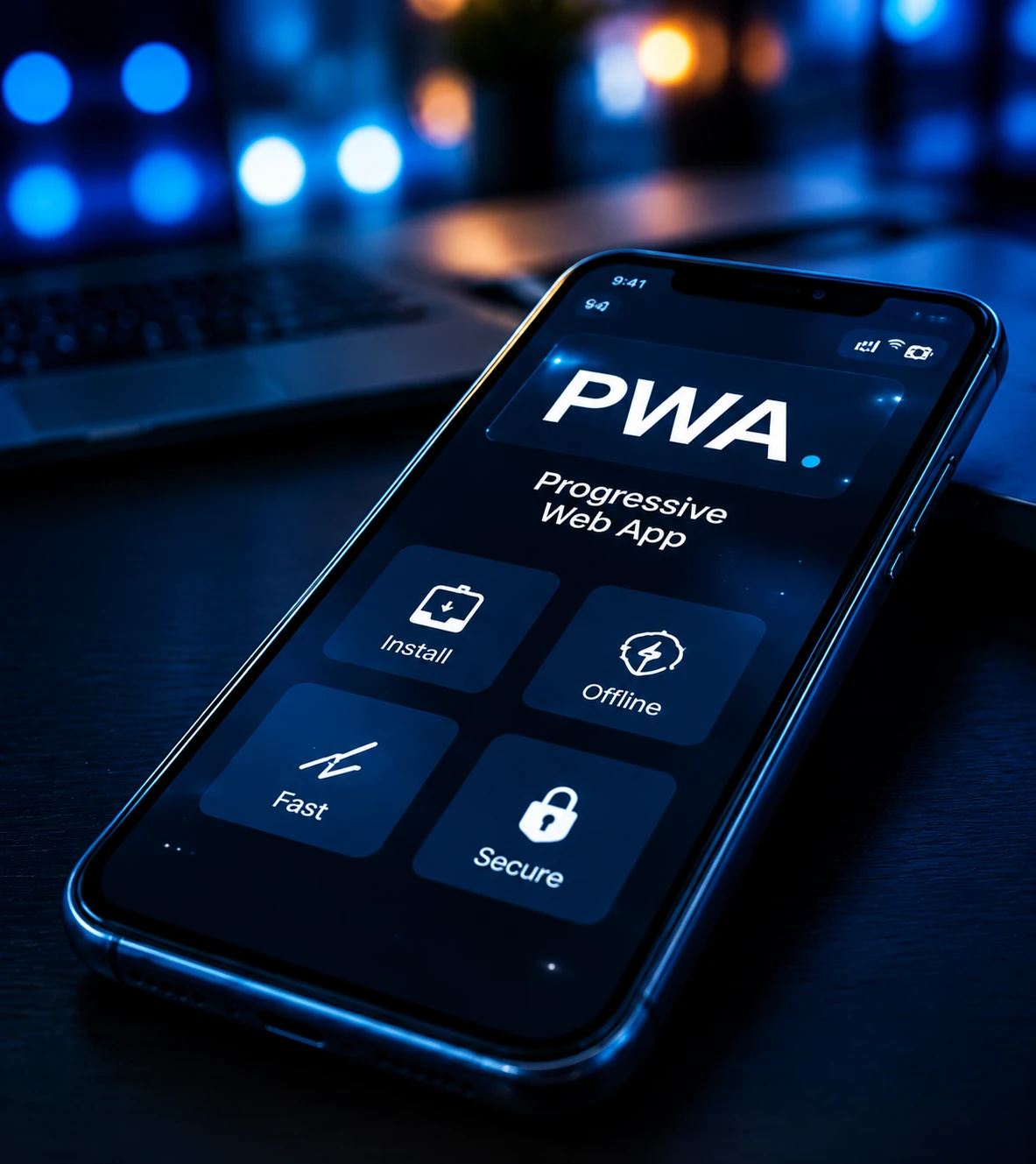 PWA-app på smartphone som visar funktioner som installation, offline-läge, hastighet och säkerhet.