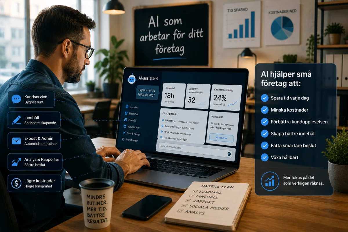 Person använder AI-assistent på dator för att automatisera kundservice, innehåll, administration och analys i ett småföretag.