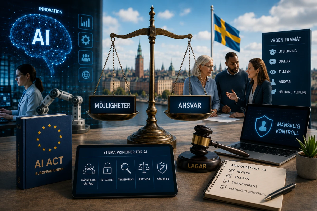 Illustration som visar balansen mellan AI-utveckling och mänsklig kontroll med juridik, säkerhet, AI Act och etiska regler i fokus.