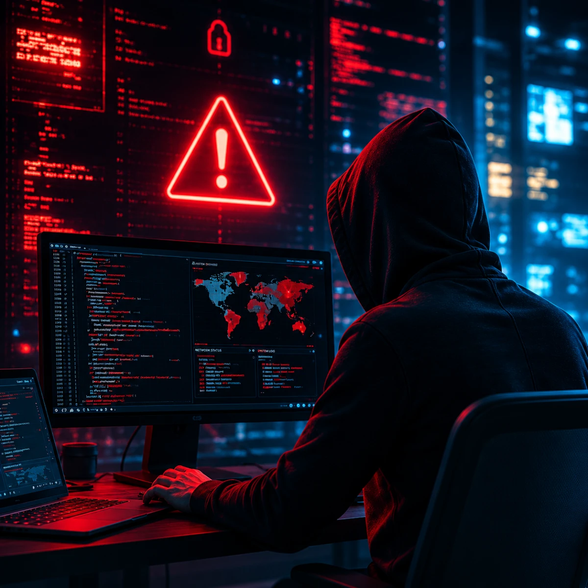 Person i huvtröja framför datorskärmar som illustrerar cyberattacker, hacking och cybersäkerhetshot.