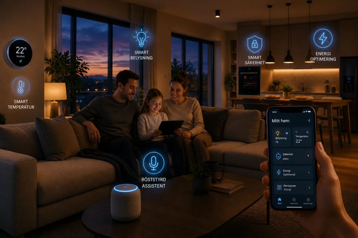 Familj använder smart hem-teknik med röstassistent, energistyrning, säkerhet och automatiserad belysning i ett modernt hem.