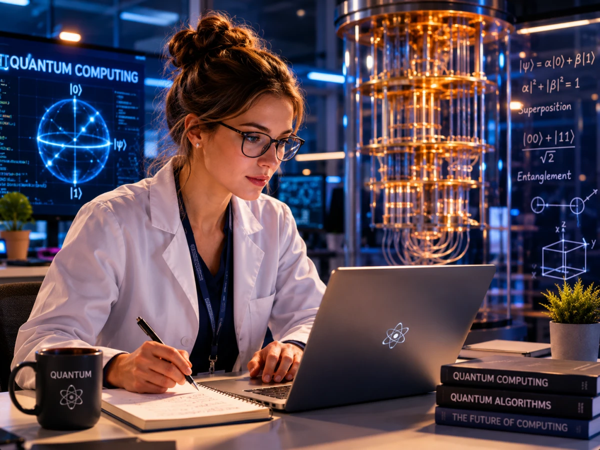 Forskare arbetar med kvantdator och kvantberäkningar i ett modernt laboratorium för framtidens datorteknik.