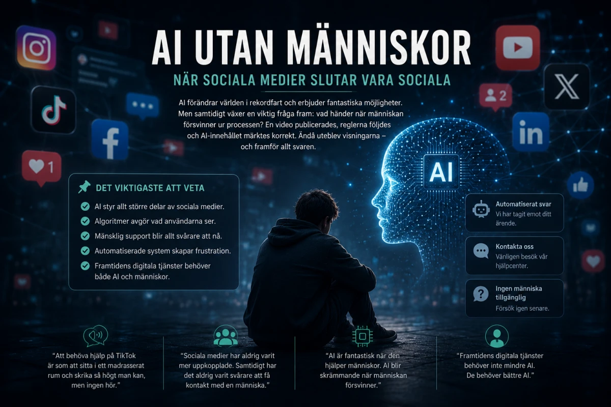 AI utan människor – futuristisk illustration om sociala medier, artificiell intelligens och bristen på mänsklig kontakt där algoritmer och automatiserade system ersätter mänsklig support.