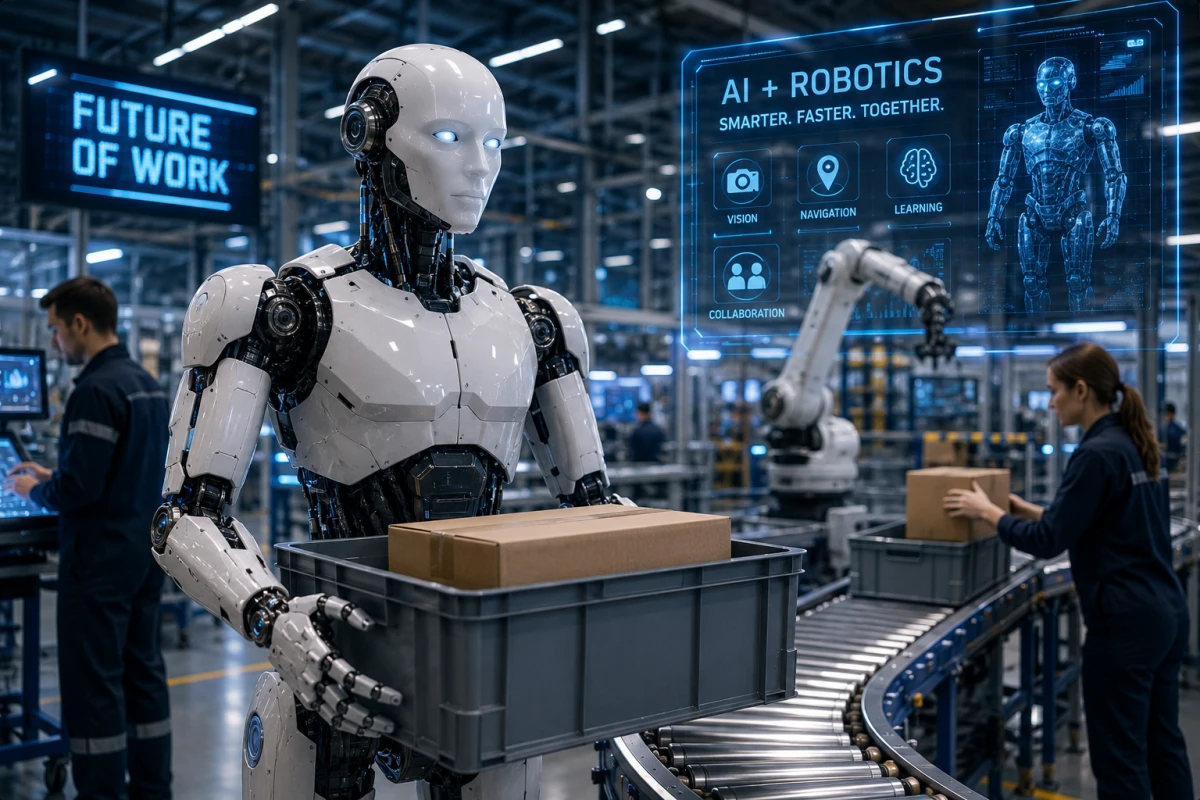 Humanoid industrirobot arbetar tillsammans med människor i en modern fabrik där AI och robotik används för automation och logistik.