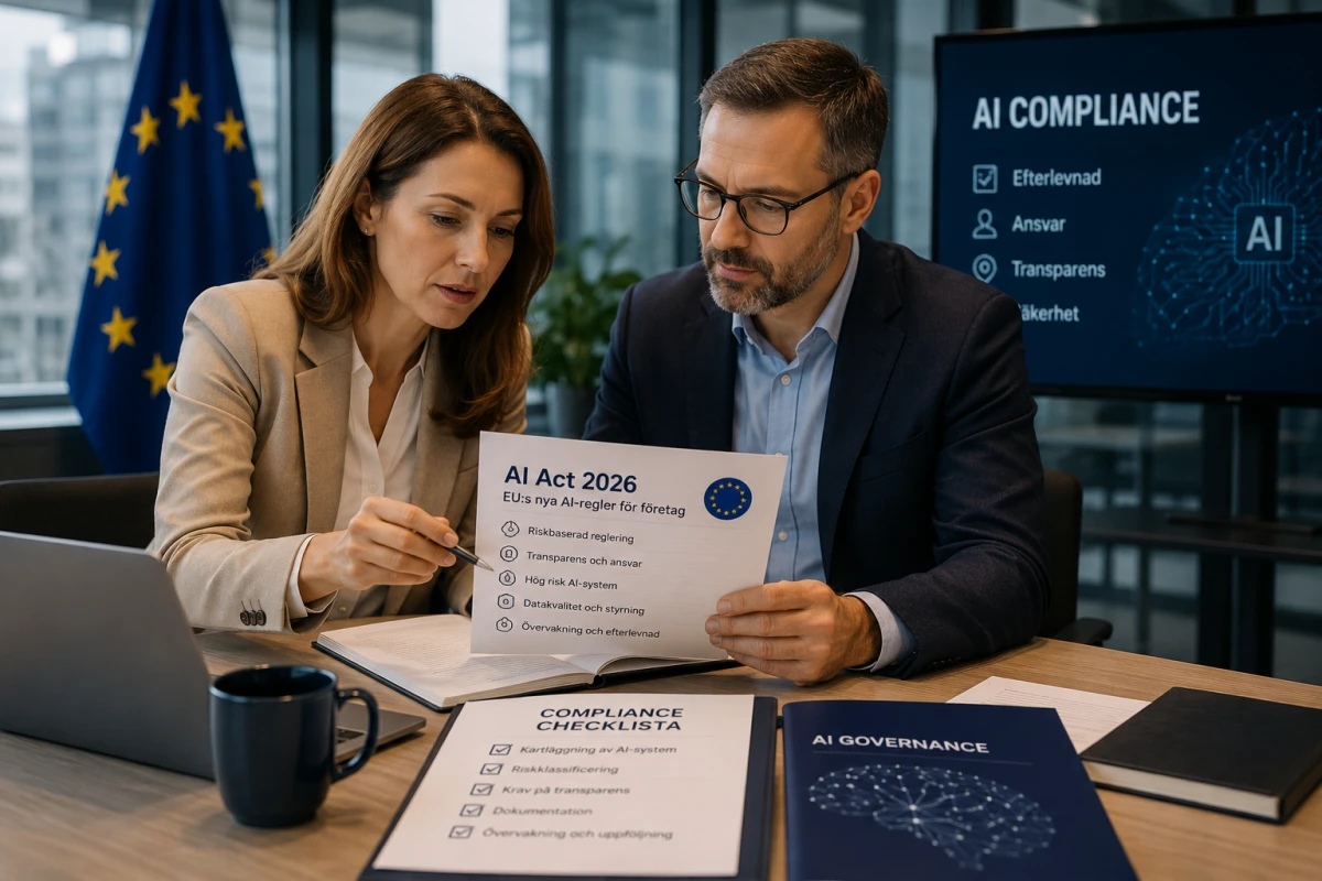 Företagsledare granskar EU:s AI Act och AI-regler för efterlevnad, transparens och AI-compliance.