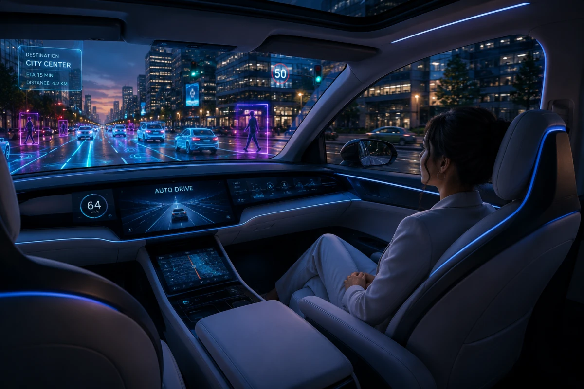 Passagerare färdas i självkörande bil där AI analyserar trafik, fotgängare och omgivning i realtid för säker och autonom körning.