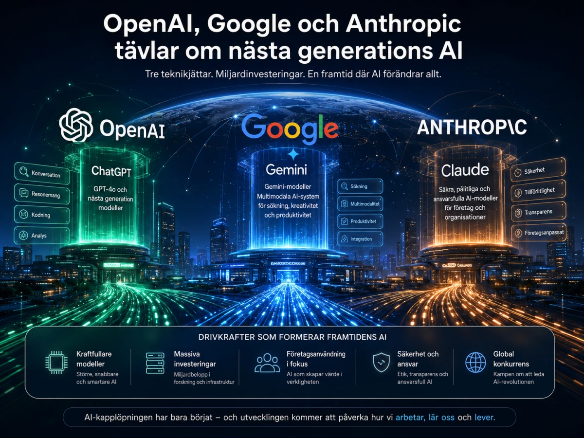 Illustration som visar konkurrensen mellan OpenAI, Google och Anthropic inom utvecklingen av nästa generations AI-modeller.