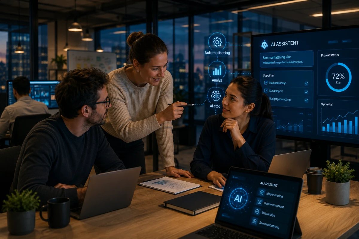 Team samarbetar på kontor med AI-assistent som hjälper till med analys, automatisering, dokumenthantering och projektuppföljning.