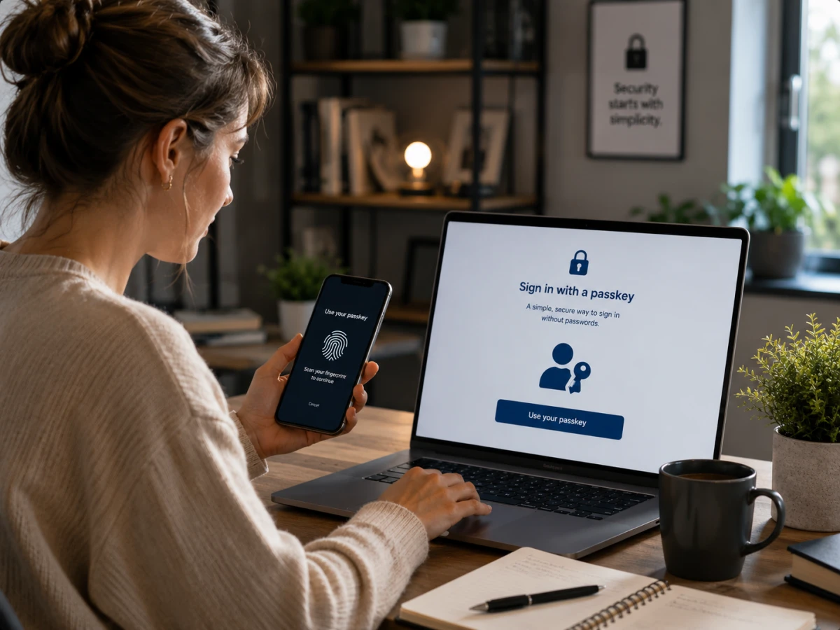 Användare loggar in med en passkey på mobil och dator för säker lösenordsfri autentisering.