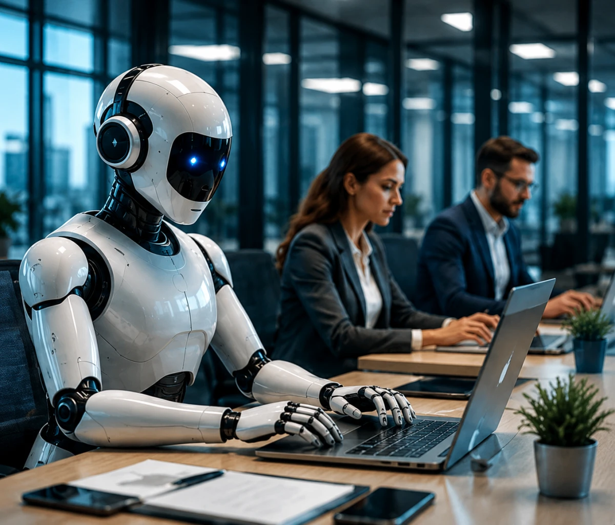 Humanoid AI-assistent arbetar sida vid sida med kontorsanställda i en modern arbetsmiljö.