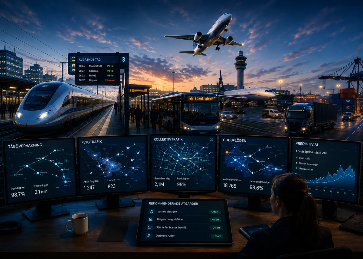 AI-styrt transportsystem med tåg, flyg, kollektivtrafik och godstransporter i en framtida smart stad