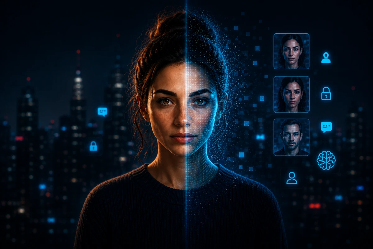 Illustration som visar en människa framför en skärm med AI-genererade ansikten, filter och digital identitet där gränsen mellan människa och artificiell intelligens suddas ut.