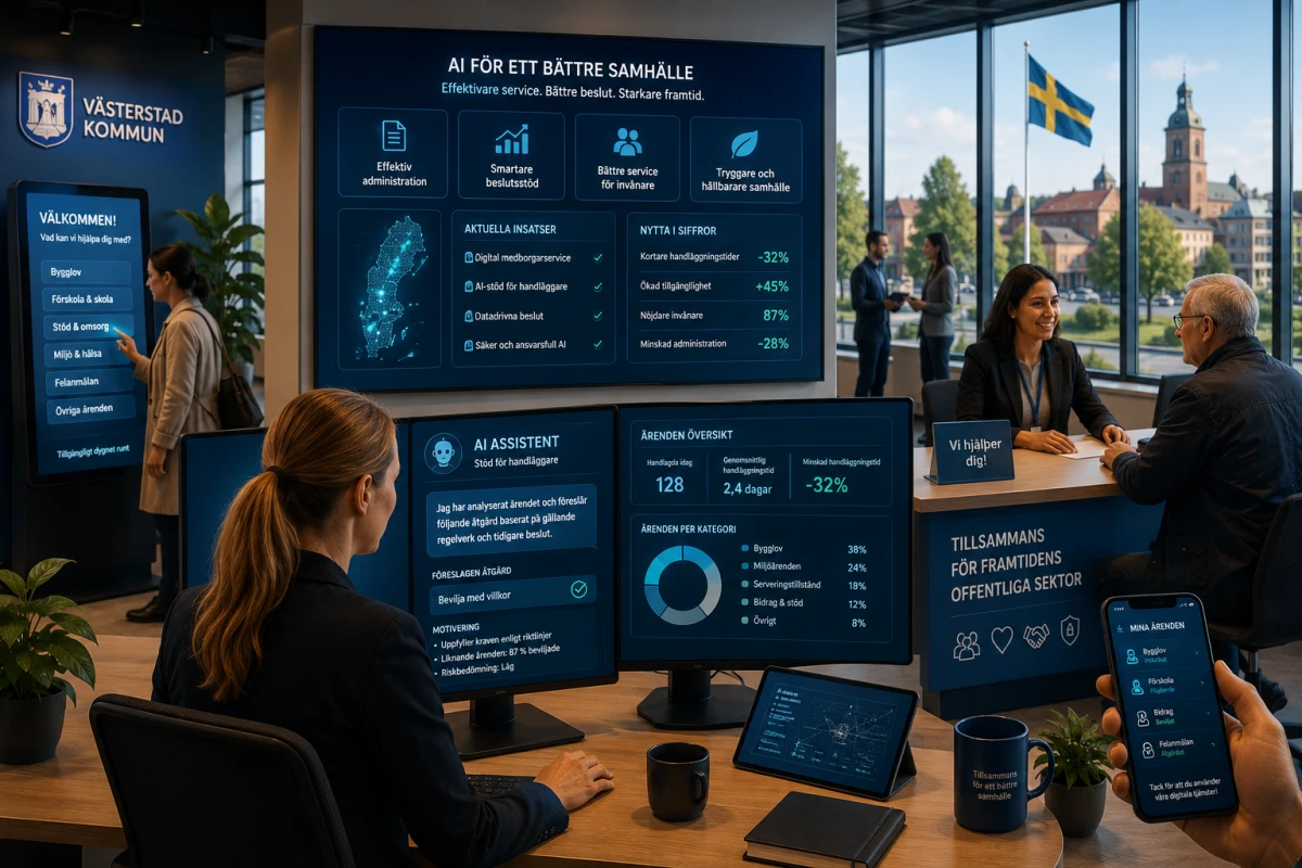 Ljus kommunmiljö där AI används inom offentlig sektor för att förbättra medborgarservice, handläggning och digitala tjänster.