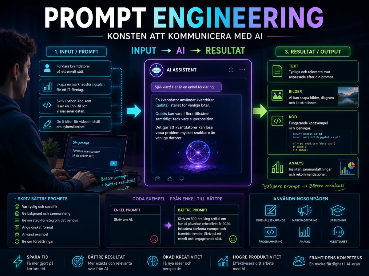 Infografik om prompt engineering som visar hur tydliga instruktioner till AI ger bättre resultat inom text, kod, analys och bildgenerering.