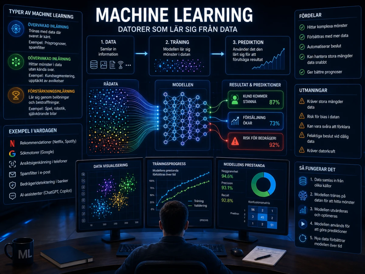 Infografik om machine learning som visar hur maskininlärning tränas på data för att analysera mönster, göra prognoser och skapa prediktioner.