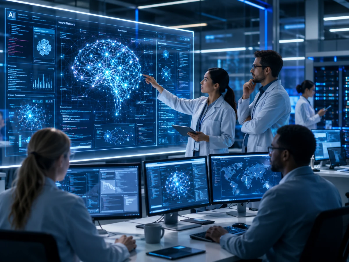 Forskare analyserar neurala nätverk och artificiell intelligens på stora digitala skärmar i ett modernt AI-laboratorium.