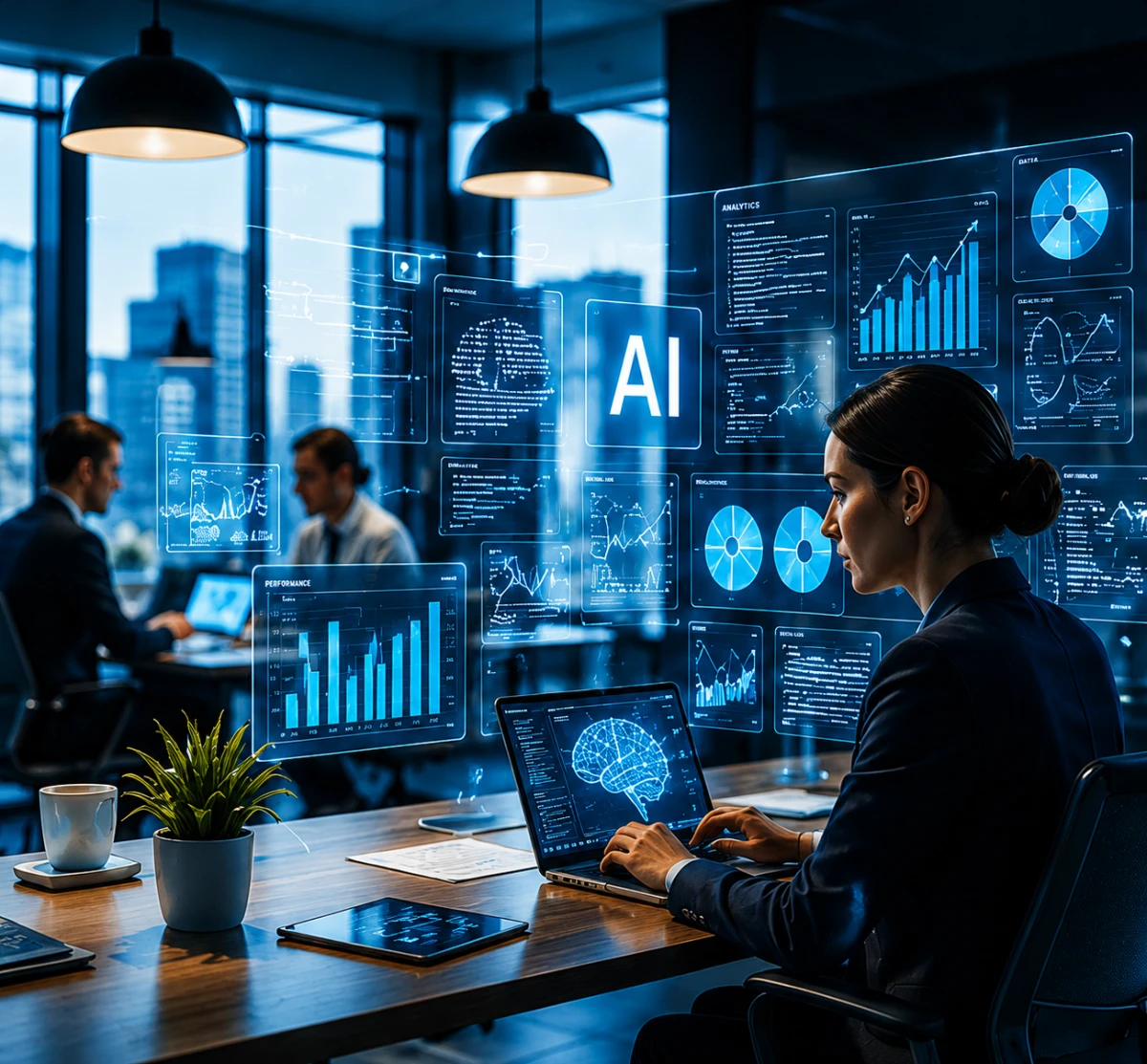 AI och dataanalys i modern kontorsmiljö där medarbetare använder artificiell intelligens för affärsinsikter.