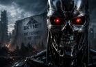 Illustration av Skynet, den fiktiva AI:n från Terminator, framför en dystopisk stad som symboliserar debatten om artificiell intelligens.