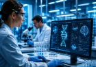 Forskare använder AI och dataanalys i laboratorium för medicinsk forskning och genetiska analyser.