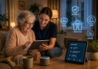 Äldre kvinna använder smart hem-teknik tillsammans med vårdpersonal i hemmet för ökad trygghet, hälsa och självständighet.
