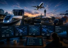 AI-styrt transportsystem med tåg, flyg, kollektivtrafik och godstransporter i en framtida smart stad