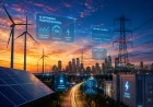 Illustration av hur AI optimerar framtidens energisystem genom smarta elnät, förnybar energi, energilagring och elnätsbalansering.