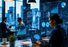 AI och dataanalys i modern kontorsmiljö där medarbetare använder artificiell intelligens för affärsinsikter.