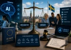 Illustration som visar balansen mellan AI-utveckling och mänsklig kontroll med juridik, säkerhet, AI Act och etiska regler i fokus.